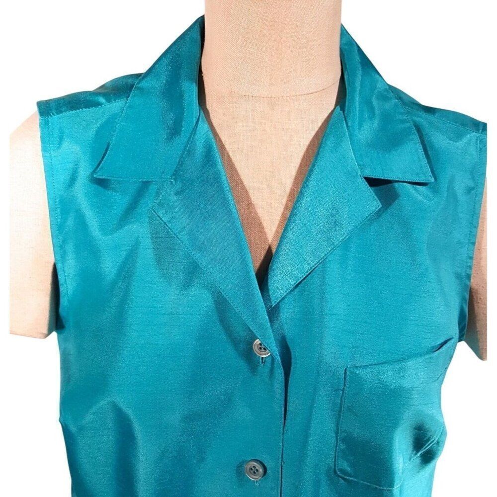 Vintage Y2K Womens 12 Top Shirt Aqua Blue Sleeveless Button Up Career Collared